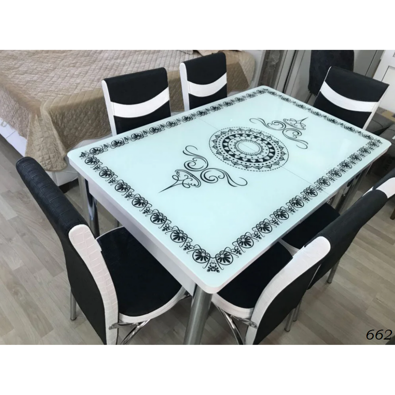 (Код714) Турецький обідній скляний розкладний 3D стіл та 6 стільців