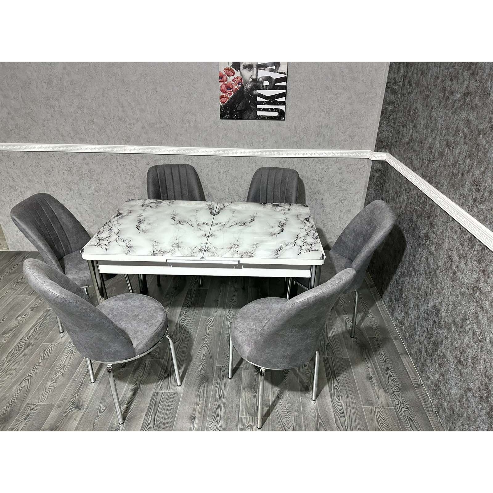 (Код773) Турецький обідній скляний розкладний 3D стіл та 6 стільців