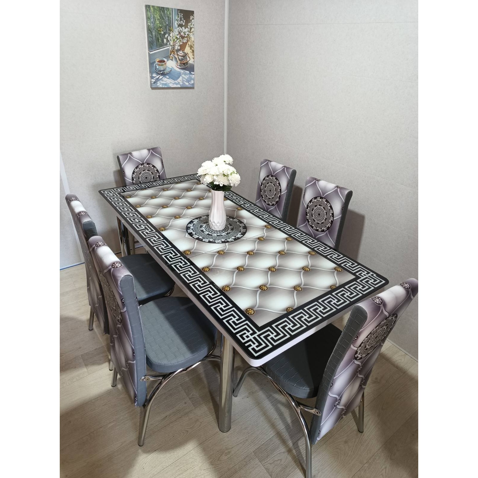 (Код711) Турецький обідній скляний розкладний 3D стіл та 6 стільців